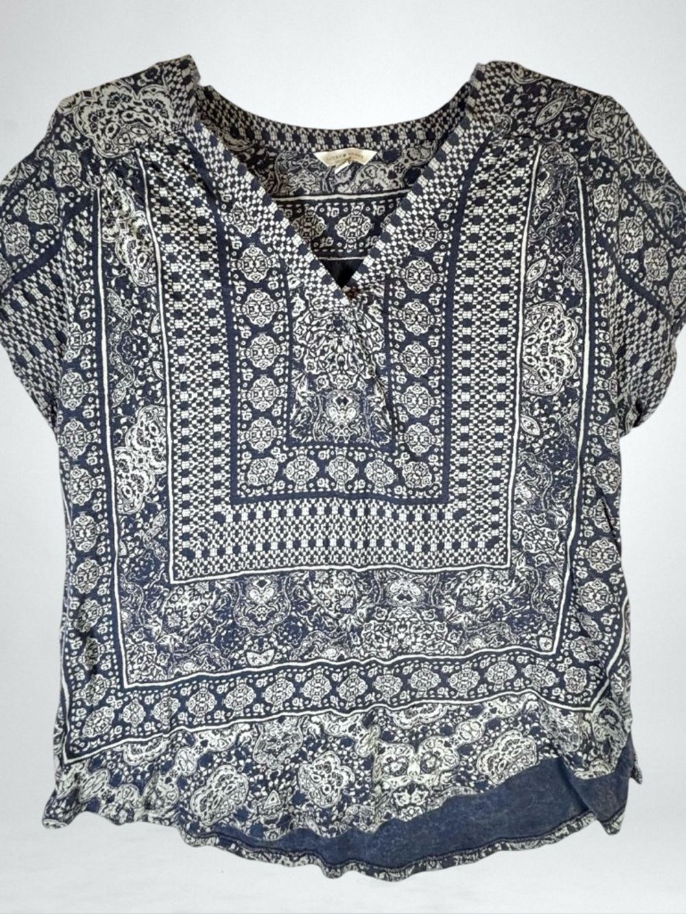 Lucky Brand Shirt Women’s Dark Blue Boho Cotton Linen Blend Stretch Sz XL